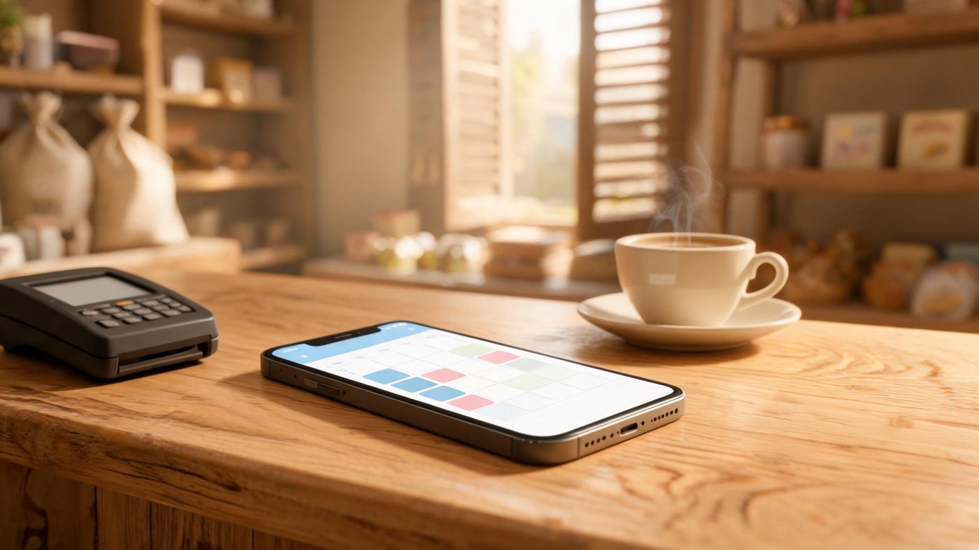 Un téléphone posé sur le comptoir d'une boutique, avec le planning des réservations